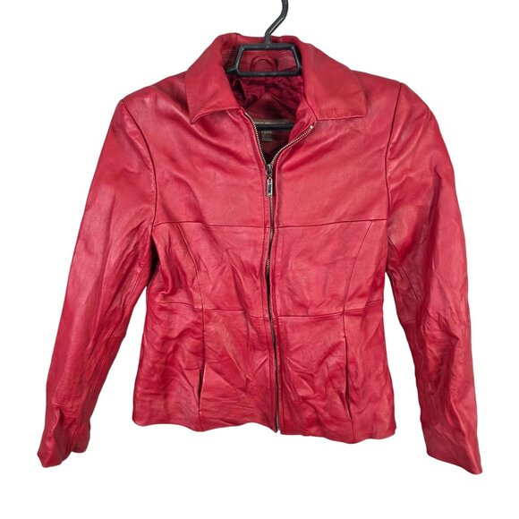 Womens Valerie Stevens Petite Red Leather Jacket Lined Biker Full Zip Size PS